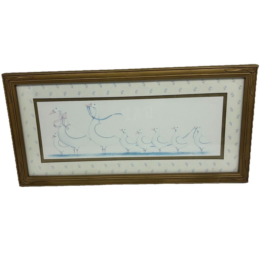 Homco Framed Print Geese Family Farmhouse Cottagecore Country Rustic Blue Ribbon